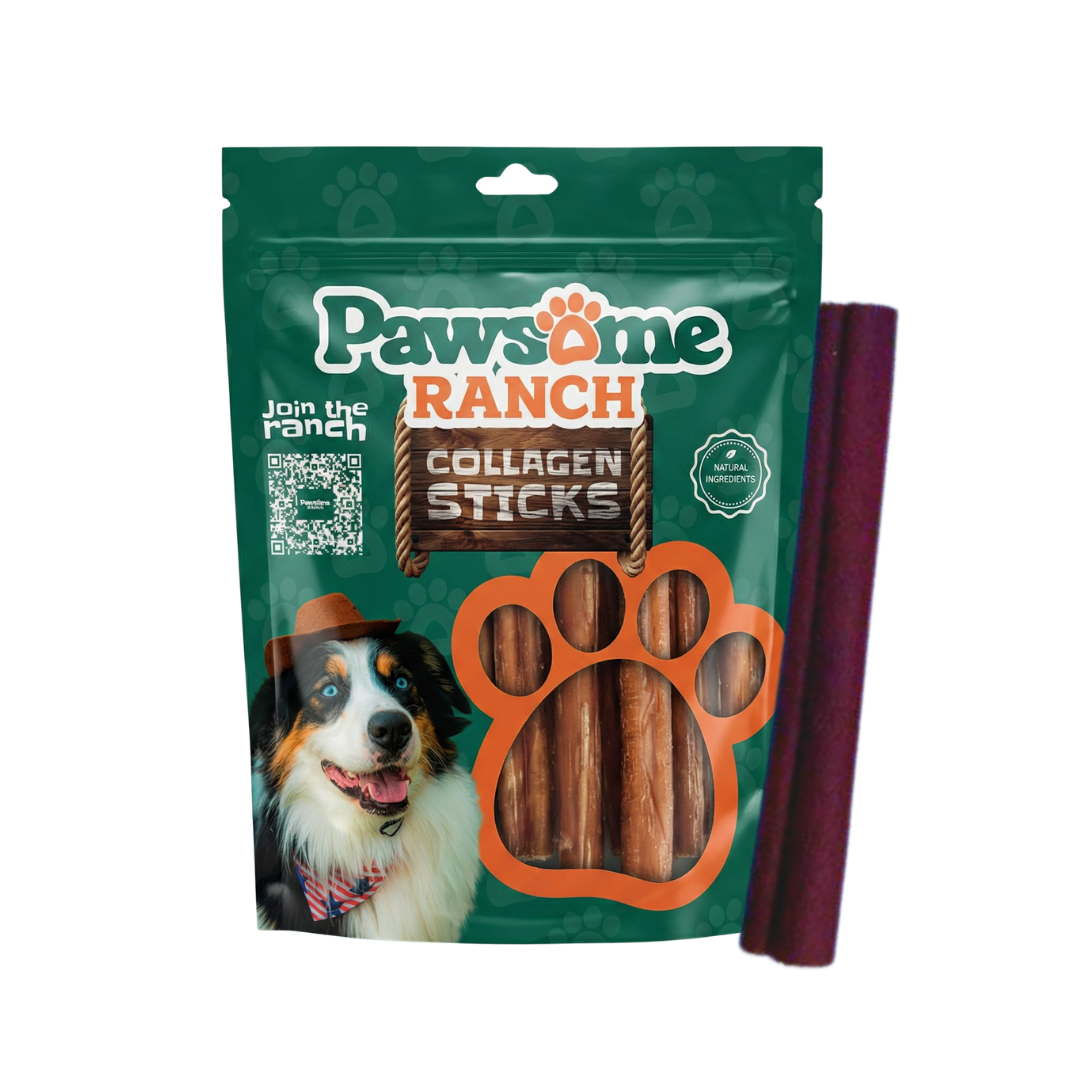 Pawsome Ranch collagen sticks dog chews packaging with natural beef collagen sticks low odor long-lasting treat