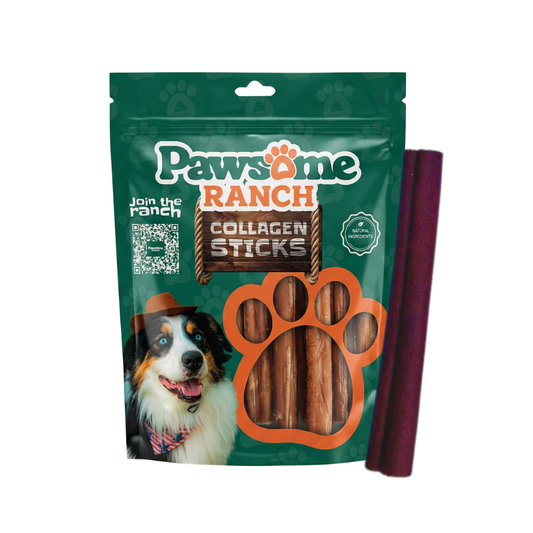 Pawsome Ranch collagen sticks dog chews packaging with natural beef collagen sticks low odor long-lasting treat